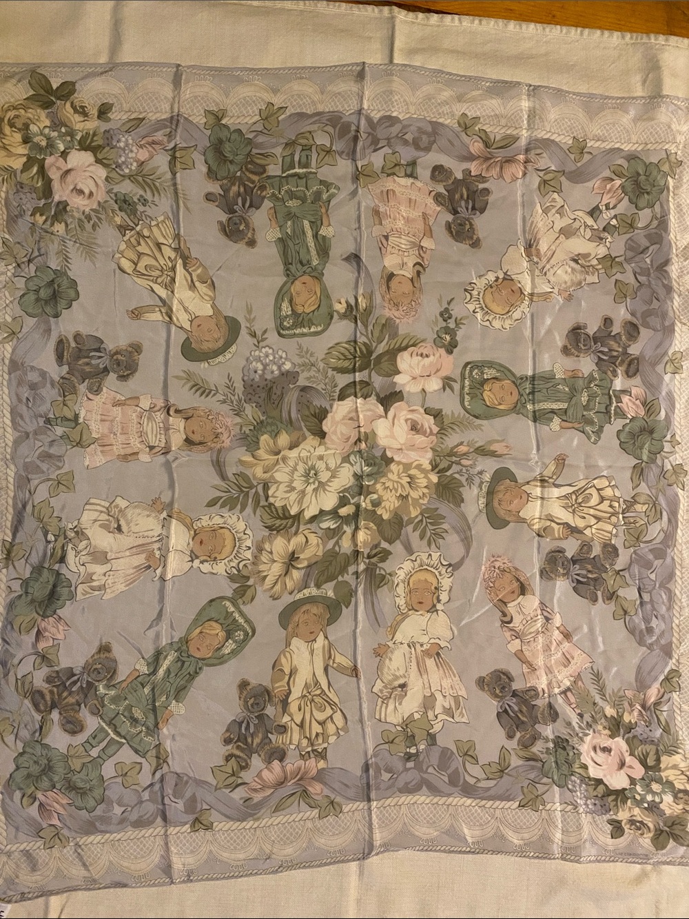 Vintage Liz Claiborne Silk Dolls & Teddy Bears Floral Pastel Scarf